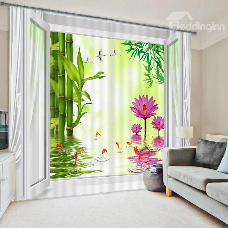 Refreshing Pink Water Lily Green Bamboo Printing 3d Curtain For Living Room