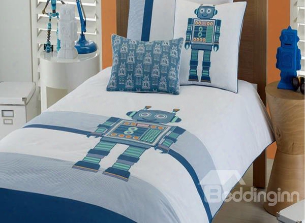 Robot Embroidered 4-pece 100% Cotton Duvet Cover Sets