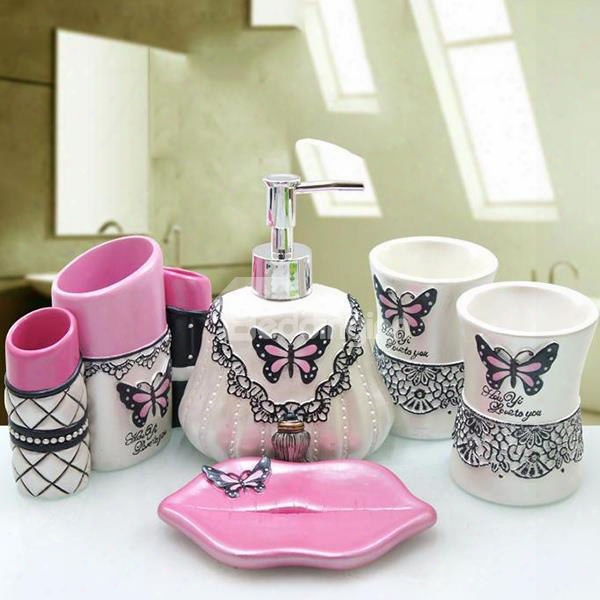 Romantic Creative Pink Butterfly Shaped 5-pieces Bathroom Accessories