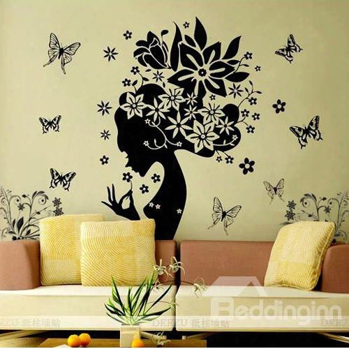 Romantic Flower Fairy And Butterfly Extra-large Removable Wall Sticker