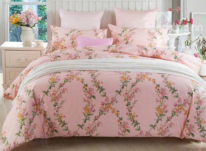 Rommantic Graceful Vine Print Pink Cotton 4-piece Duvet Cover Sets