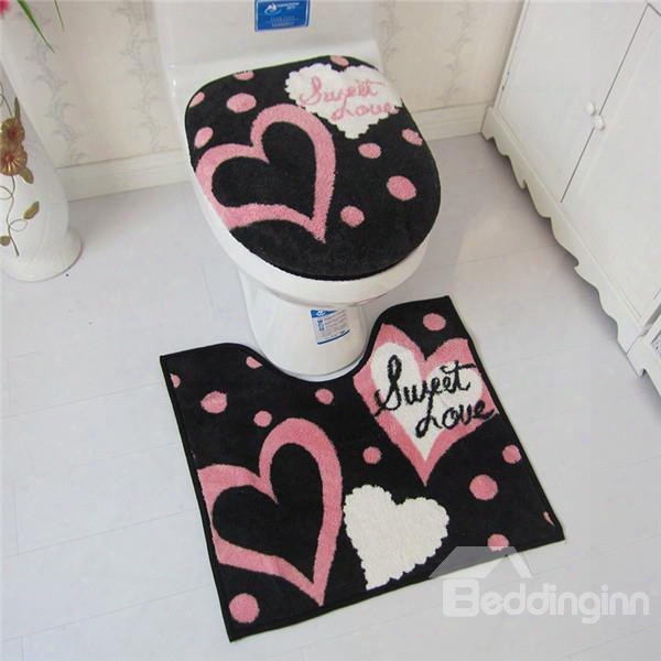 Romantic Pink Heart Print Toilet Seat Cover And Rug Set