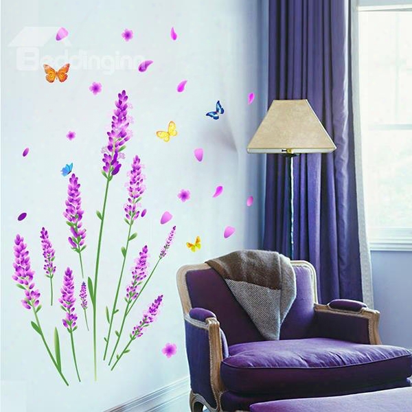 Romantic Prple Lavender Flowers And Butterfly Print Wall Stickers