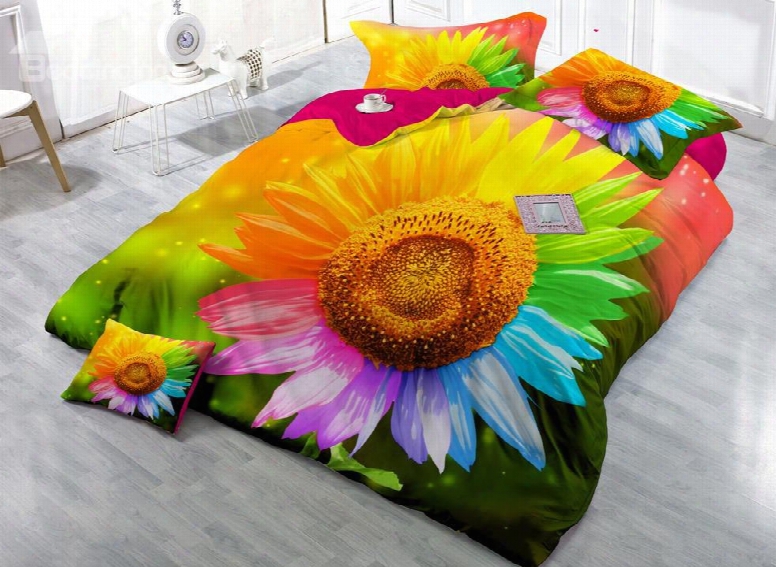 Sunflower With Colorful Petals Digital Print 4-piece Cotton Duvet Over Sets