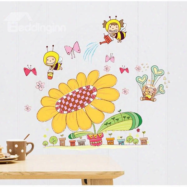 Super Cute Sun Flowers And Honey Bees Children' S Wall Sticker