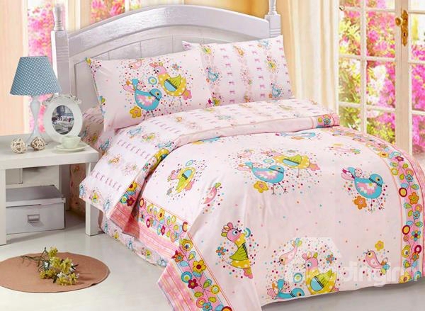 Unique Blue And Yellow Lark Birds Print 4-piece Kids Duvet Cover Sets