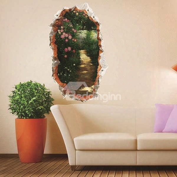 Wall Hole View Green Forest Lane With Trees And Flowers Removable 3d Wall Sticker