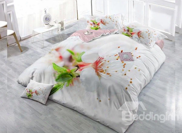 White Flower Digital Print 4-piece Cotton Duvet Cover Set