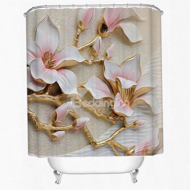 White Magnolia Pattern Polyester Waterproof And Eco-friendly 3d Shower Curtain