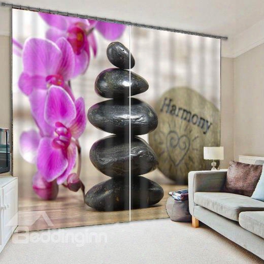 Wonderful Pink Flower And Stones Polyester Custom Living Room 3d Curtain