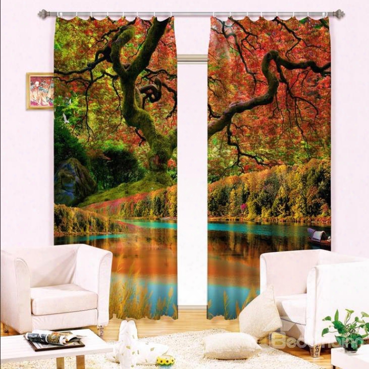 Wonderful Red Leaves And Water Printed Light Blocking Custom 3d Curtain