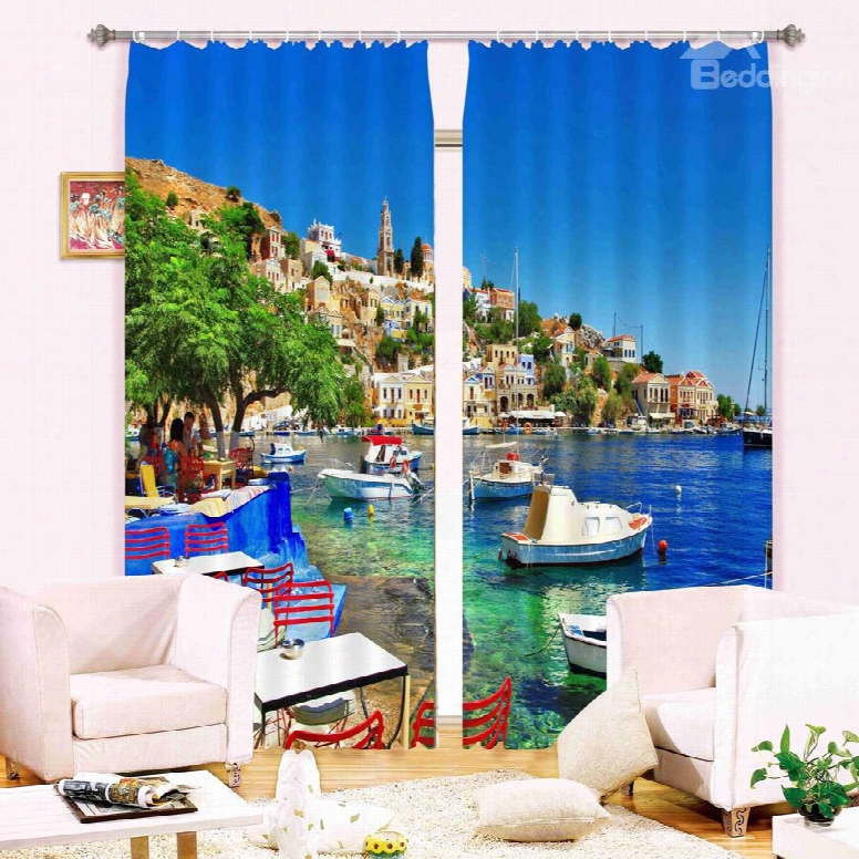 Wonderful Seaside City Scenery 3d Light Blocking And Energy Saving Custom Window Curtain