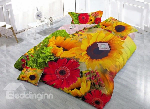 Yellow And Red Flower 4-piece High Density Satin Drill Duvet Cover Sets