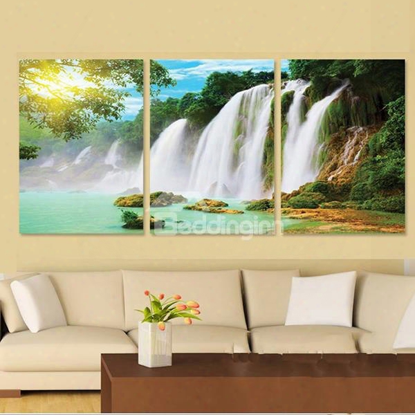 16␔24in␔3 Panels Green Forest And Waterfall Pattern Hanging Canvas Waterproof Eco-friendly Framed Prints