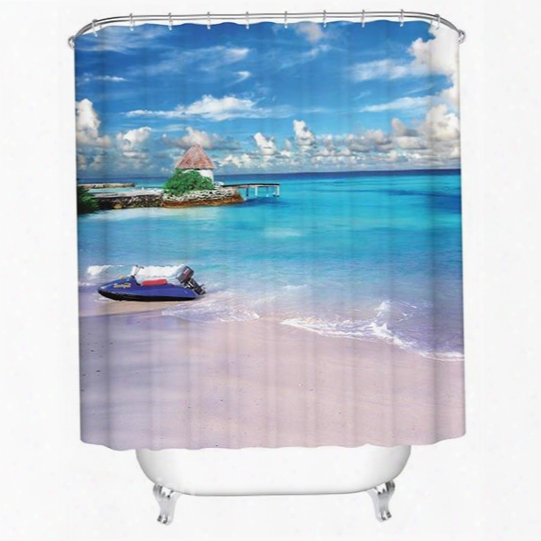 3d Beach Scenery Printed Polyester Light Blue Shower Curtain