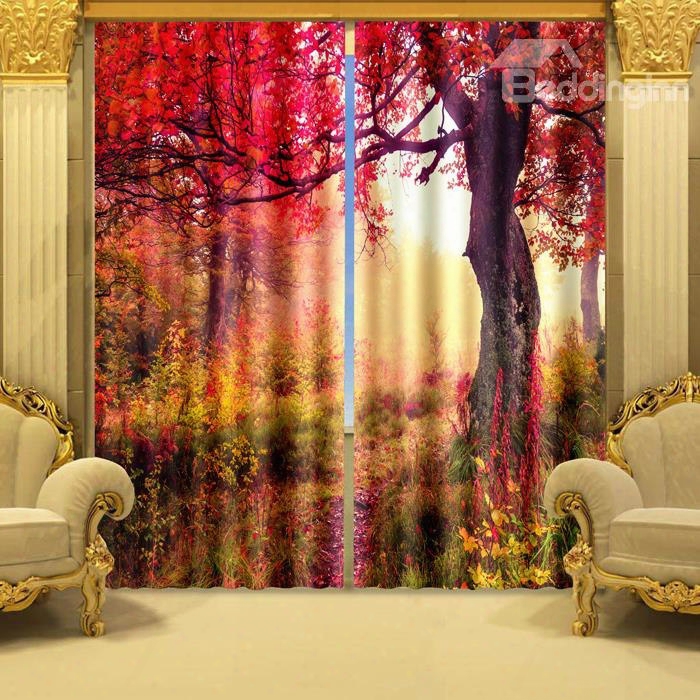 3d Beautiful Red Tree Printed Vibrant Color Natural Scenery Custom Living Room Curtain