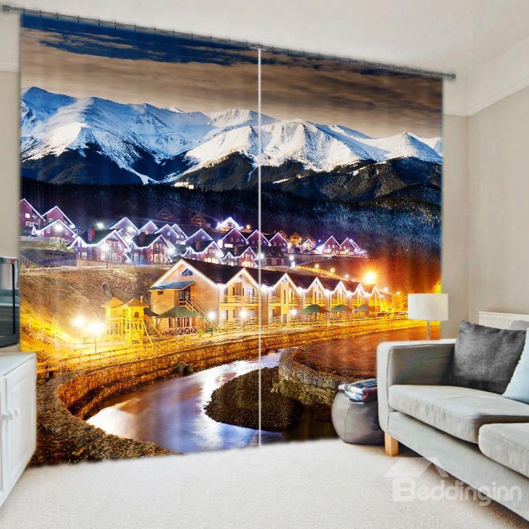 3d City In Mountains Wonderful Night Scenery Printed Decorative And Blackout Curtain