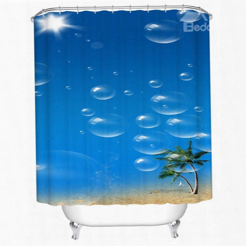 3d Coconut Tree And Bubbless Printed Blue Polyester Shower Curtain