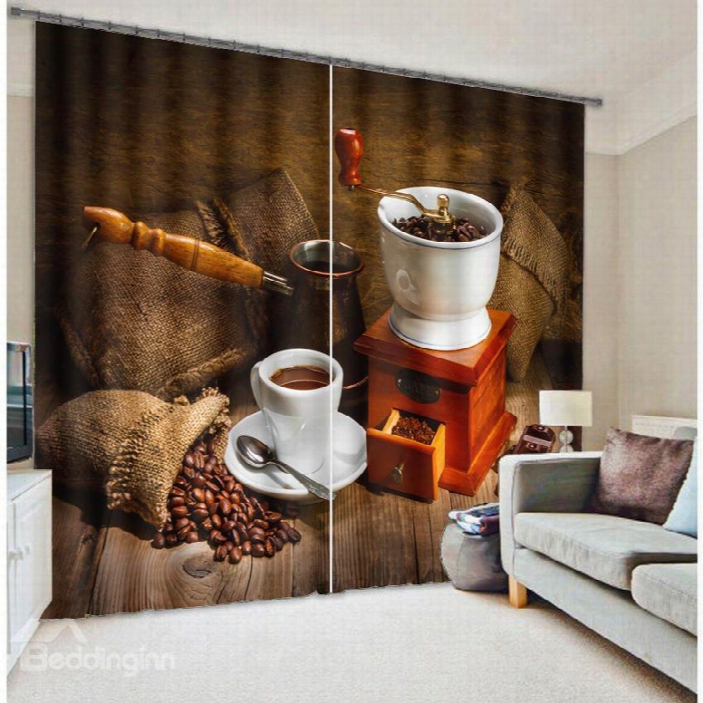 3d Coffee Beans And Coffee Cup Set Printed Modern Style Custom Curtain