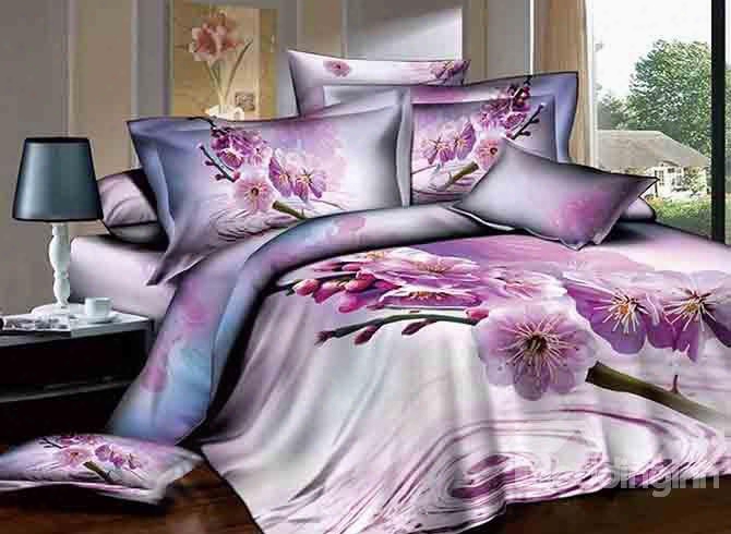 3d Dewy Purple Peach Blossom Printed Cotton 4-piece Bedding Sets/duvet Cover