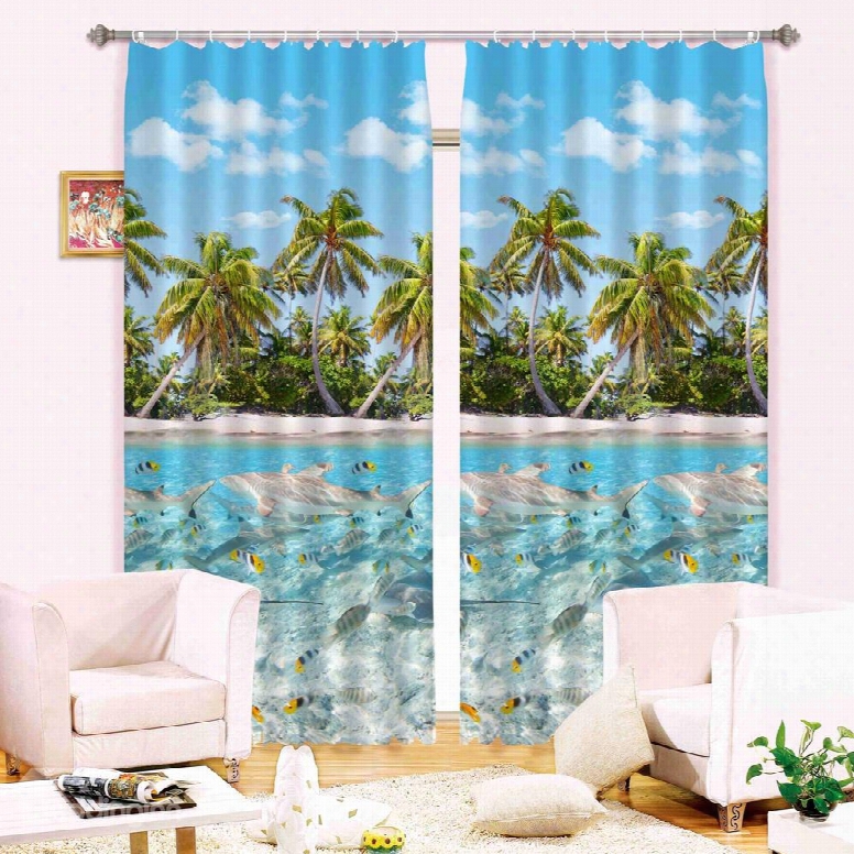 3d Dolphins And Palm Trees Summer Refreshing Beach Printed Blackout 3d Curtain