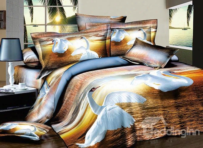 3d Fluttering White Swans Printed Cotton 4-piece Bedding Sets/duvet Covers