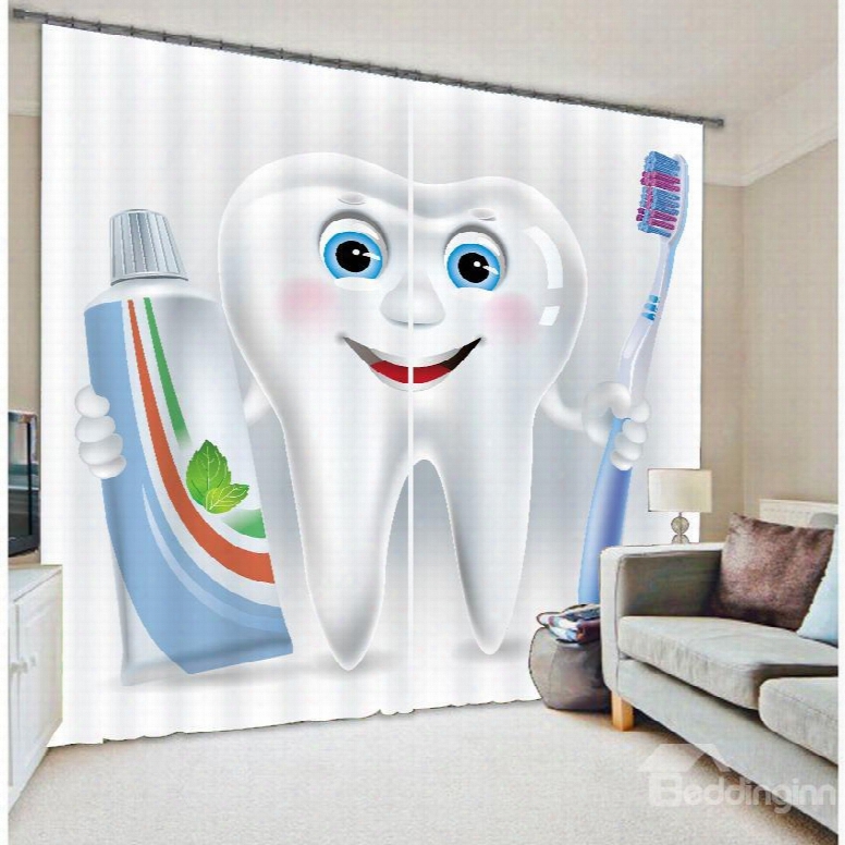 3d Funny Cartoon Tooth Man Printed 2 Panels Children's Room Blackout Curtain