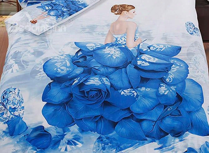 3d Girl In The Blue Rose Dress Printed Cotton 5-piece Comforter Sets