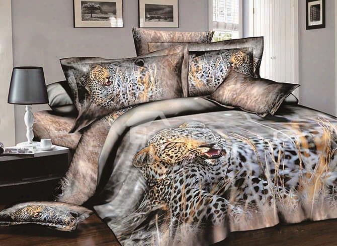 3d Leopard Crouching In Grass Printed Cotton 4-piece Bedding Sets/duvet Covers