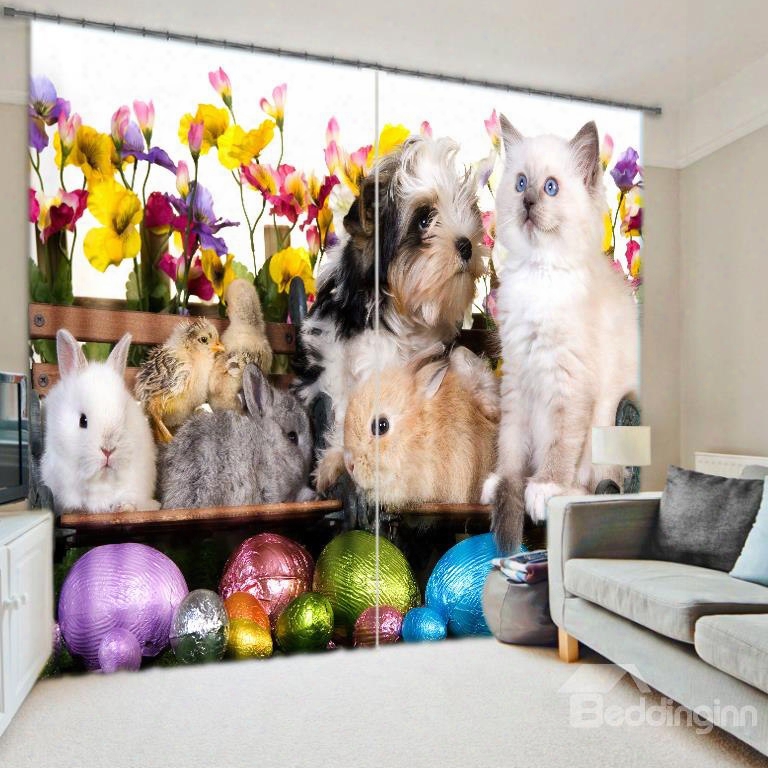 3d Lovely Dogs Cats Moses And Chicks Printed Happily Animals Garden Baby Room Curtain