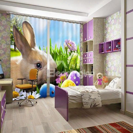 3d Lovely Rabbit And Flowers Printed Polyester Blackout Custom Curtain For Living Room
