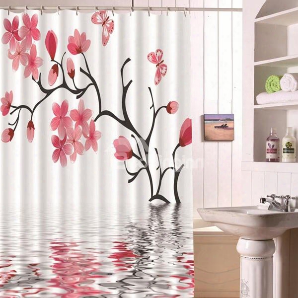 3d Peach Blossom Printed Polyester Bathroom Shower Curtain