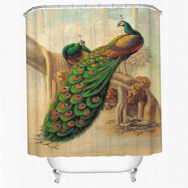 3d Peacock Couple Printed Chinese Style Polyester Bathroom Shower Curtain