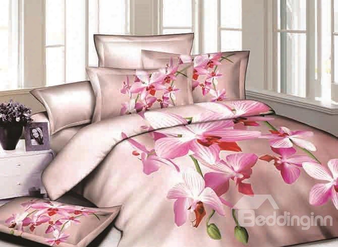 3d Pink Phalaenopsis Printed Cotton 4-piece Bedding Sets/duvet Covers