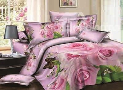 3d Pink Rose And Butterfly Printed Cotton 4-piece Bedding Sets/duvet Covers
