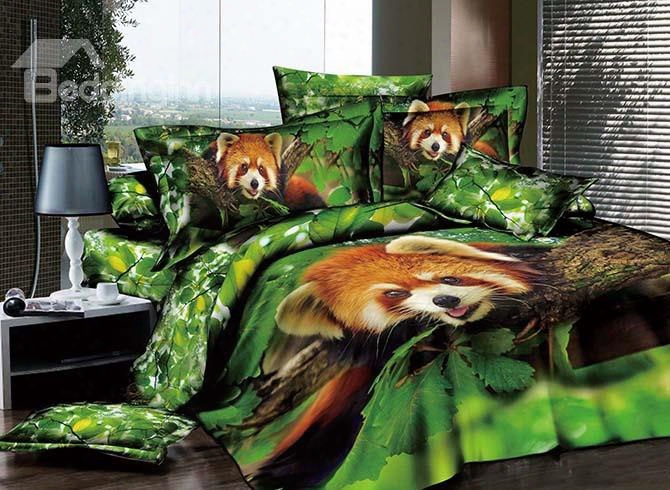 3d Raccoon On The Tree Printed Cotton 4-piece Bedding Sets/duvet Covers