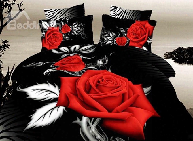 3d Red Rose With White Leaves Printed Cotton 4-piece Black Bedding Sets