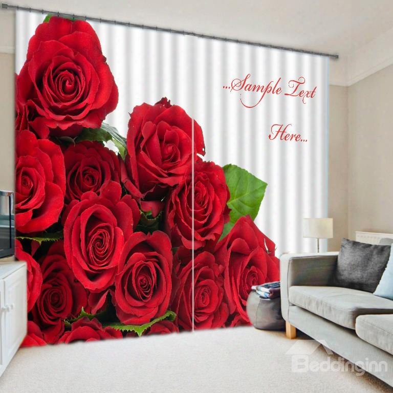 3d Red Roses Printed Polyester Cotton Romantic Style 2 Panels Custom Floral Curtain