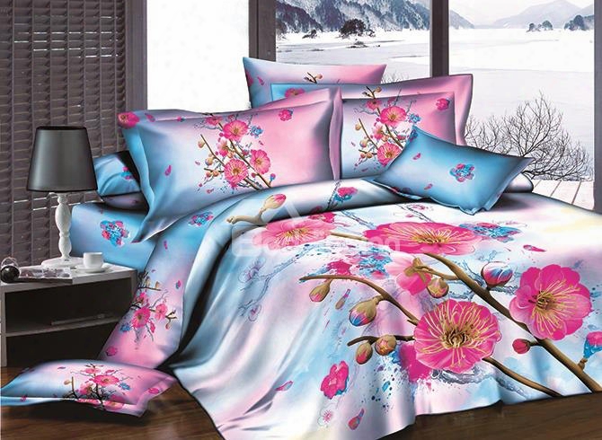 3d Rosy Peach Blossom And Bud Printed Cotton 4-piece Bedding Sets/duvet Covers