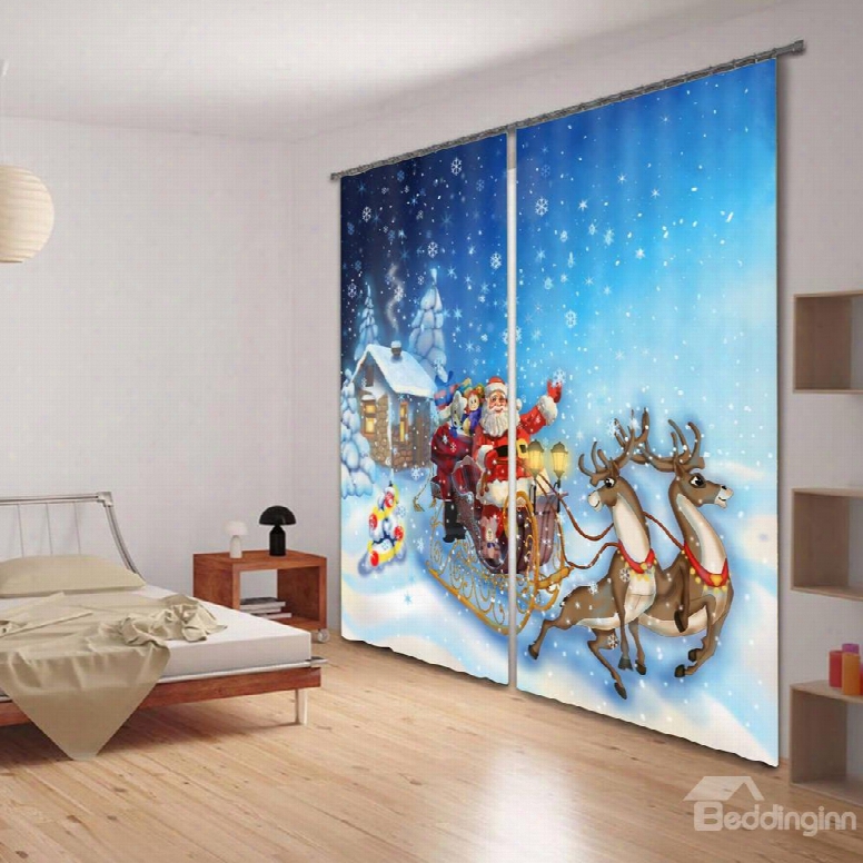 3d Santa Claus And Elks Printed Christmas Theme Polyester 2 Panels Custom Curtain