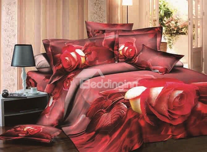 3d Single Rose Printed Cotton 4-piece Bedding Sets/duvet Covers