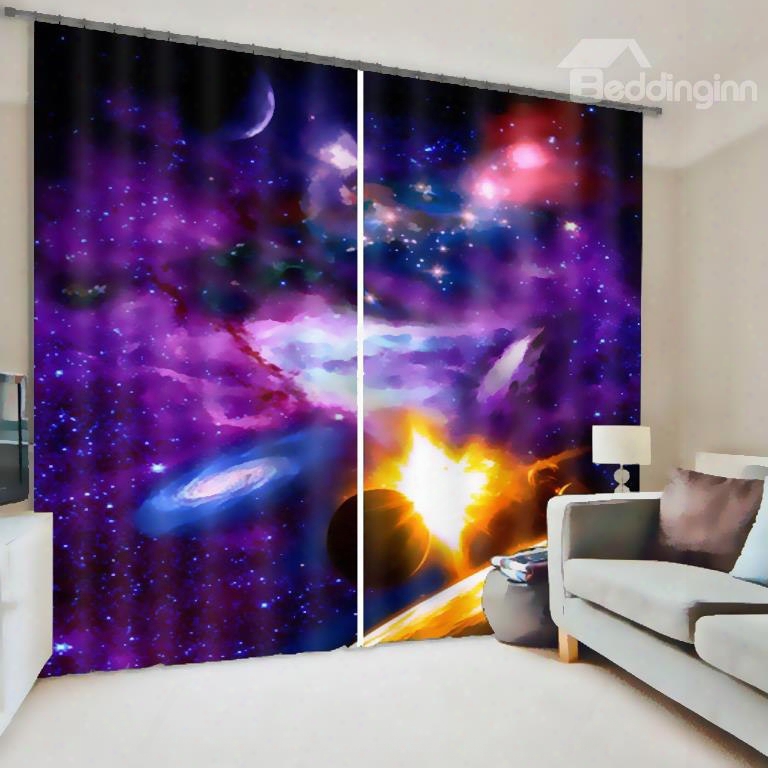 3d Splendid Galaxy And Stars Printed Polyester Dust-proof Custom Living Room Curtain