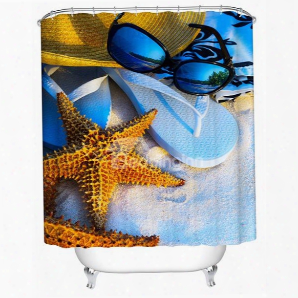 3d Starfish And Slippers Printed Polyester Shower Curtain