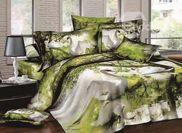 3d Swan Flapping Wings On Lake Printed Cotton 4-piece Bedding Sets/duvet Covers