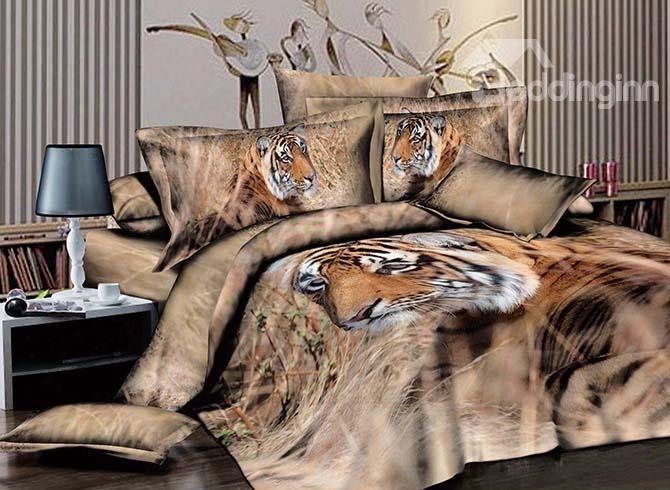 3d Tiger In Grass Printed Cotton 4-piece Bedding Sets/duvet  Covers