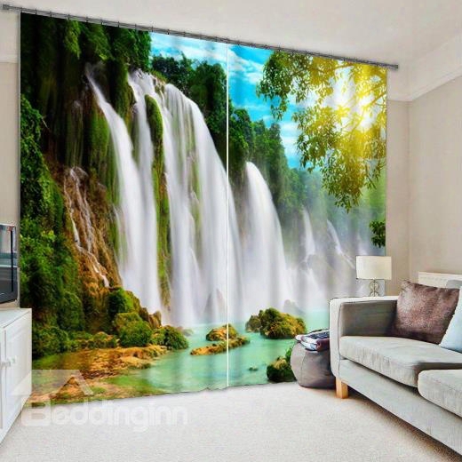 3d Turbulent Waterfall And Green Trees Printed Nature Scenery Decoration Custom Curtain