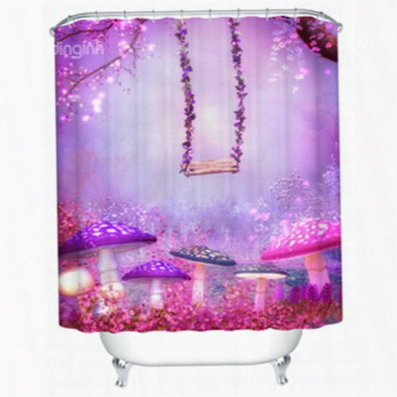 3d Waterproof Mushrooms And Swing Printed Polyester Purple Shower Curtain