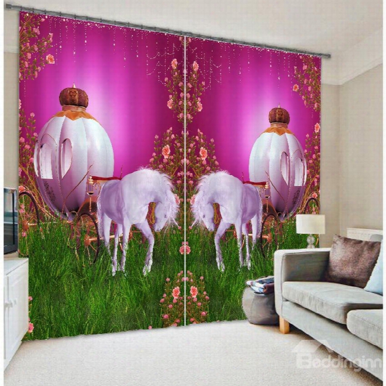 3d White Horses Carriage Printed Thick Polyester Creative Custom Curtain For Living Room