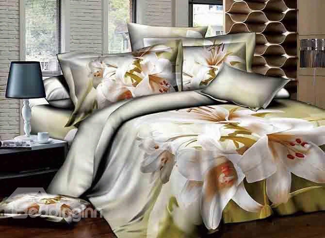 3d White Lily Printed Pastoral Style Cotton 4-piece Bedding Sets/duvet Covers