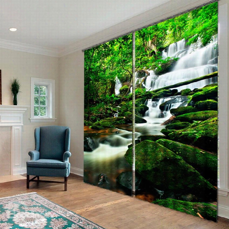 3d Wondetful Waterfalls And Green Trees Printed Natural Style Custom Curtain For Living Room